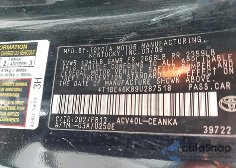 2009 Toyota Camry из США, поврежденный, VIN 4T1BE46K89U287518